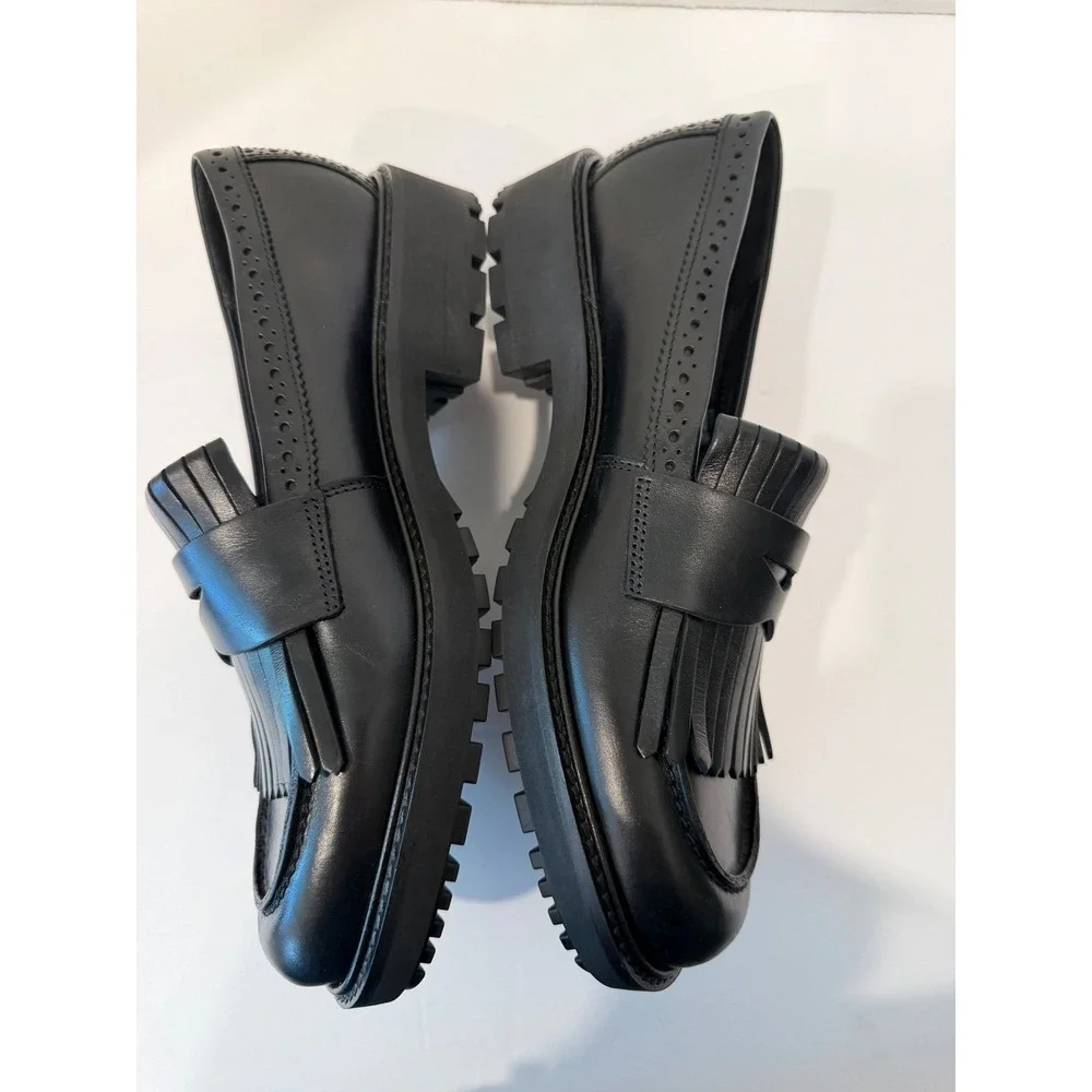 ECCO New Preppy Black Leather Lug Sole Kiltie Penny Loafer Slip On Shoes 10